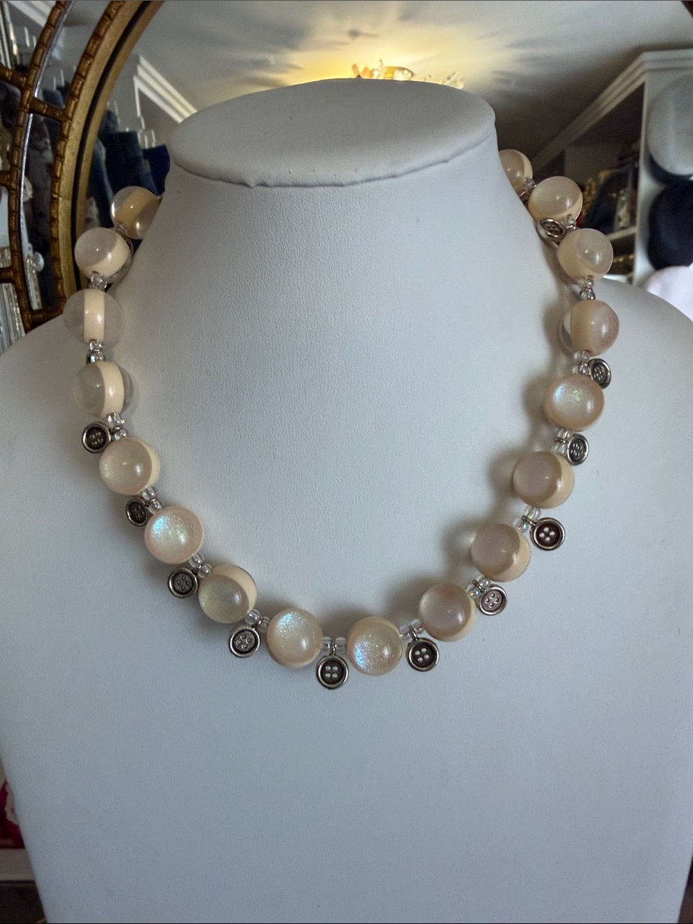 Audrey Limoges Collection Iridescent Beaded Silver Button Necklace 17"